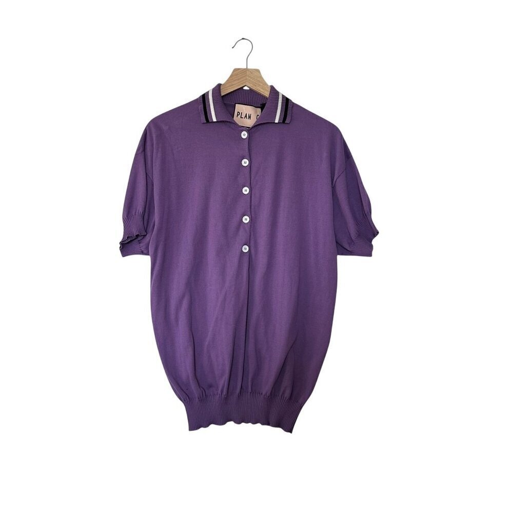 Plan C Striped Collar Cotton Knit Polo, Lavender, Size 42 It, New With Tag